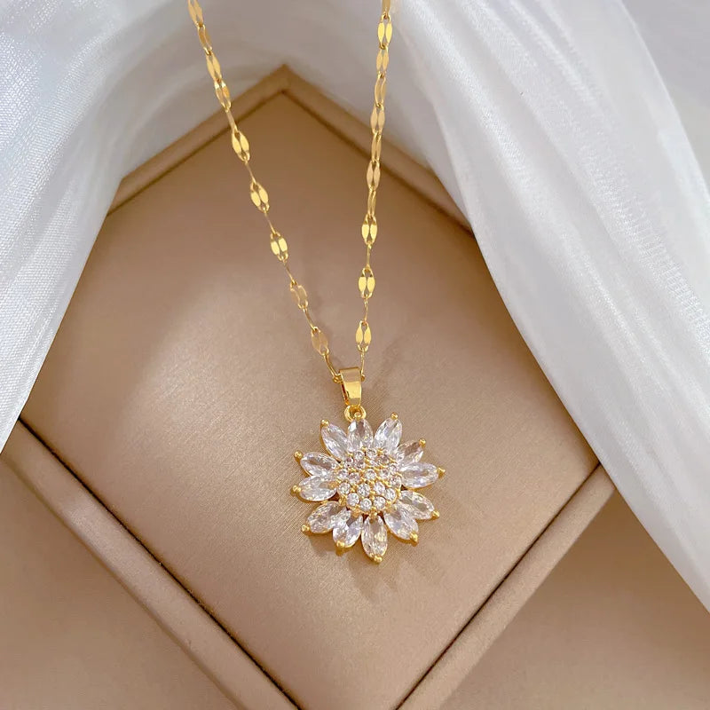 Zircon Crystal Flower Charms Link Chain Sunflower Choker Necklaces 18K Gold Plated for Woman