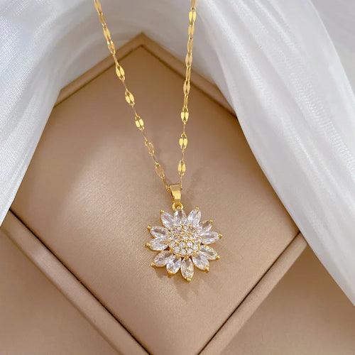 Load image 1 in gallery view. Zircon Crystal Flower Charms Link Chain Sunflower Choker Necklaces 18K Gold Plated for Woman