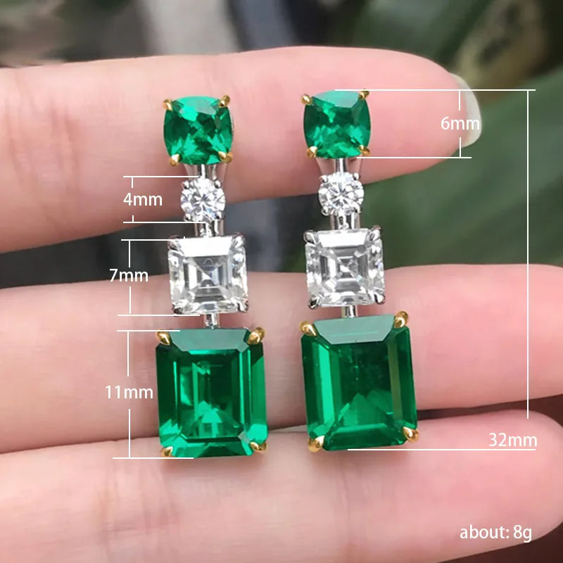 Emerald Gemstone Zircon Earrings Noble Green Rectangle Silver Dangle Earrings Women
