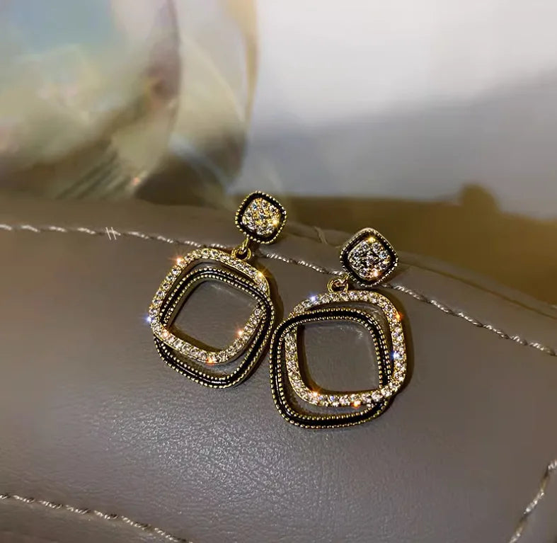 Gold Plated Square Folded Geometry Rhinestone Pendant Earrings for Women