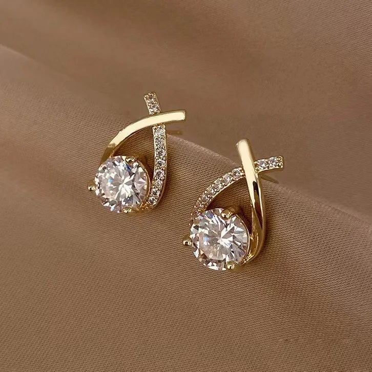 Gold Plated Geometry Cross-Cutting Water Drop Shape Diamond Earring