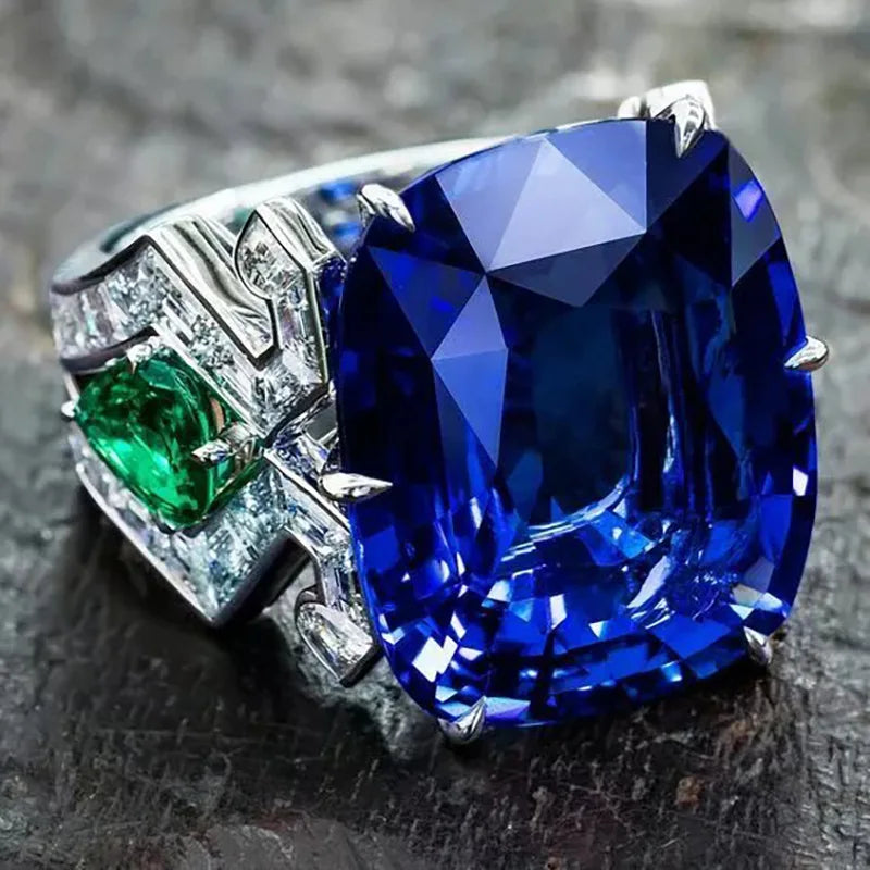 Silver Plated Blue Crystal Zircon Vintage Style Cushion Cut Sparkling  Rings for Women