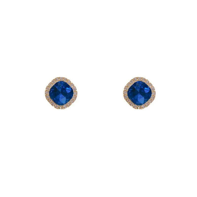 14K Gold Plated Blue Crystal Stud Earrings, Vintage Style