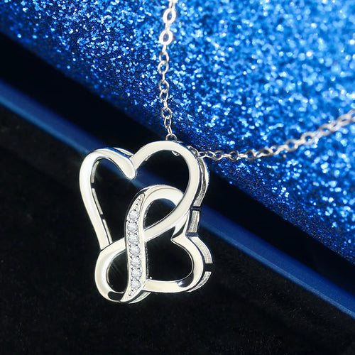 Load image 1 in gallery view. Charm Love Silver Color Inlaid Zircon Heart Necklace Interwoven | Double Heart Pendant Clavicle Chain | Infinity Heart Necklace | Necklace for Valentine’s Day, Anniversary &amp; Everyday Wear