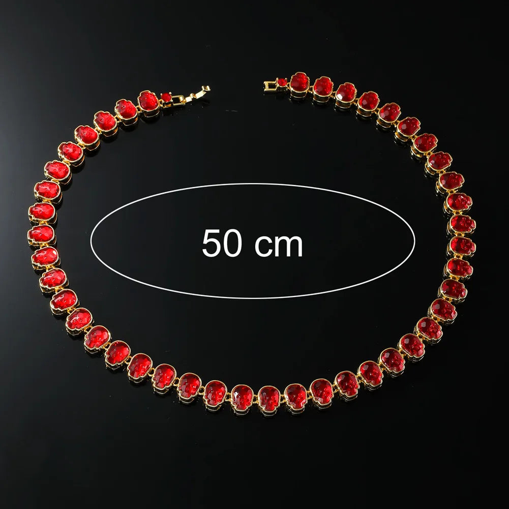 Rhinestone-Studded Red Skull Necklace Cuban Chain for Hip Hop Fans