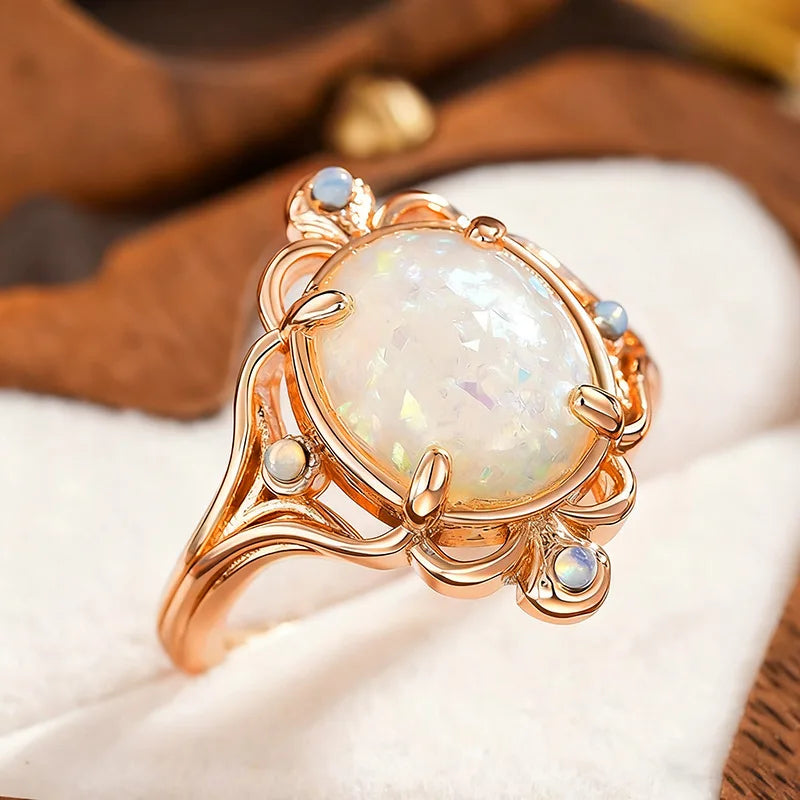 Champagne Gold Color Plated  Geometric Oval Shape Opal Rings for Women Engagement