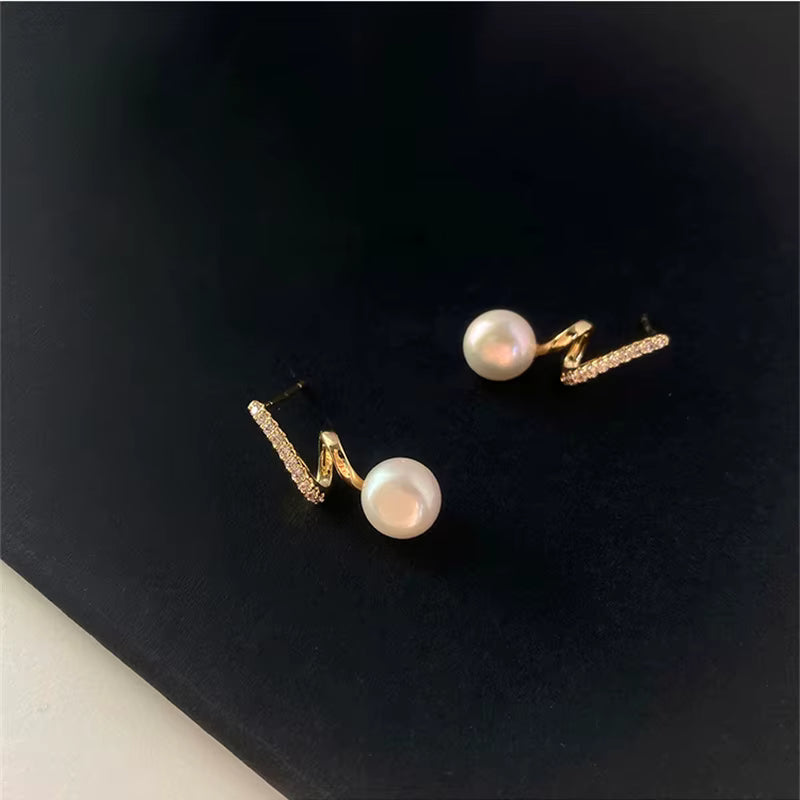 Pearl Earrings Minimalist Cute Earrings, Rhinestone Twisted, Gold Plated