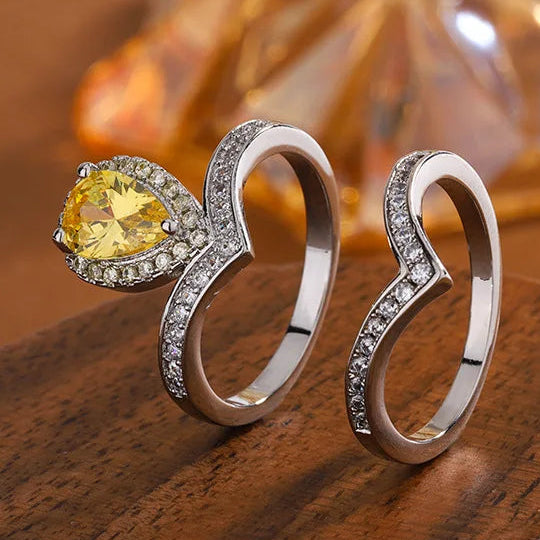 High-End Fashionable Teardrop Ring Set Full ZC V-Shaped with Platinum Plating