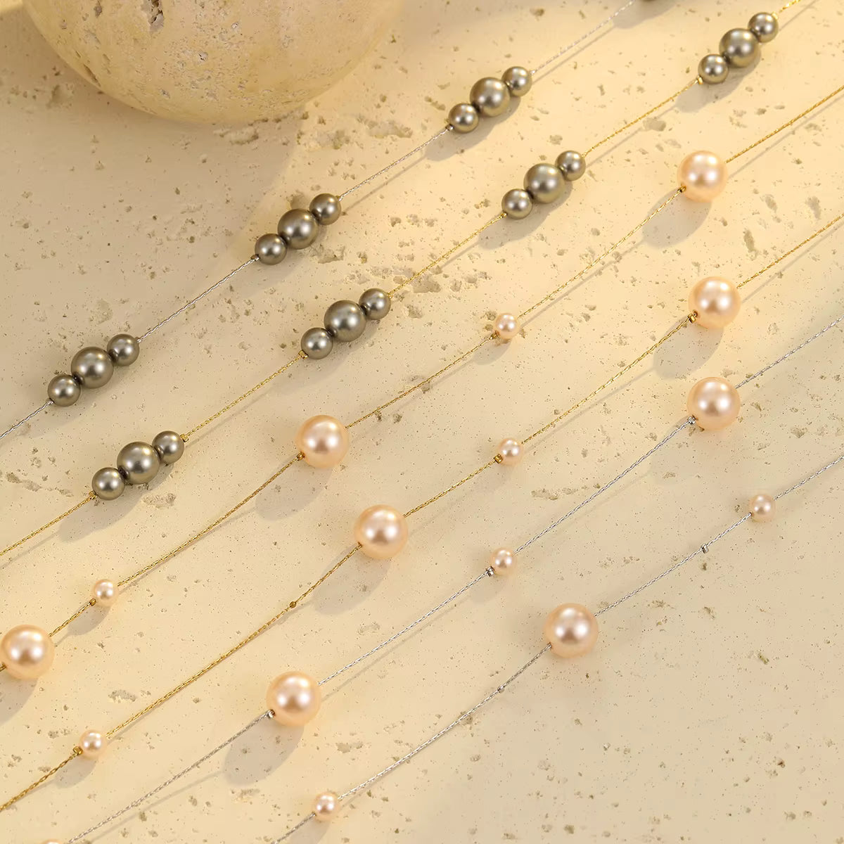 Gold Stainless Steel Pearl Beaded Necklace, Double Layer Chains
