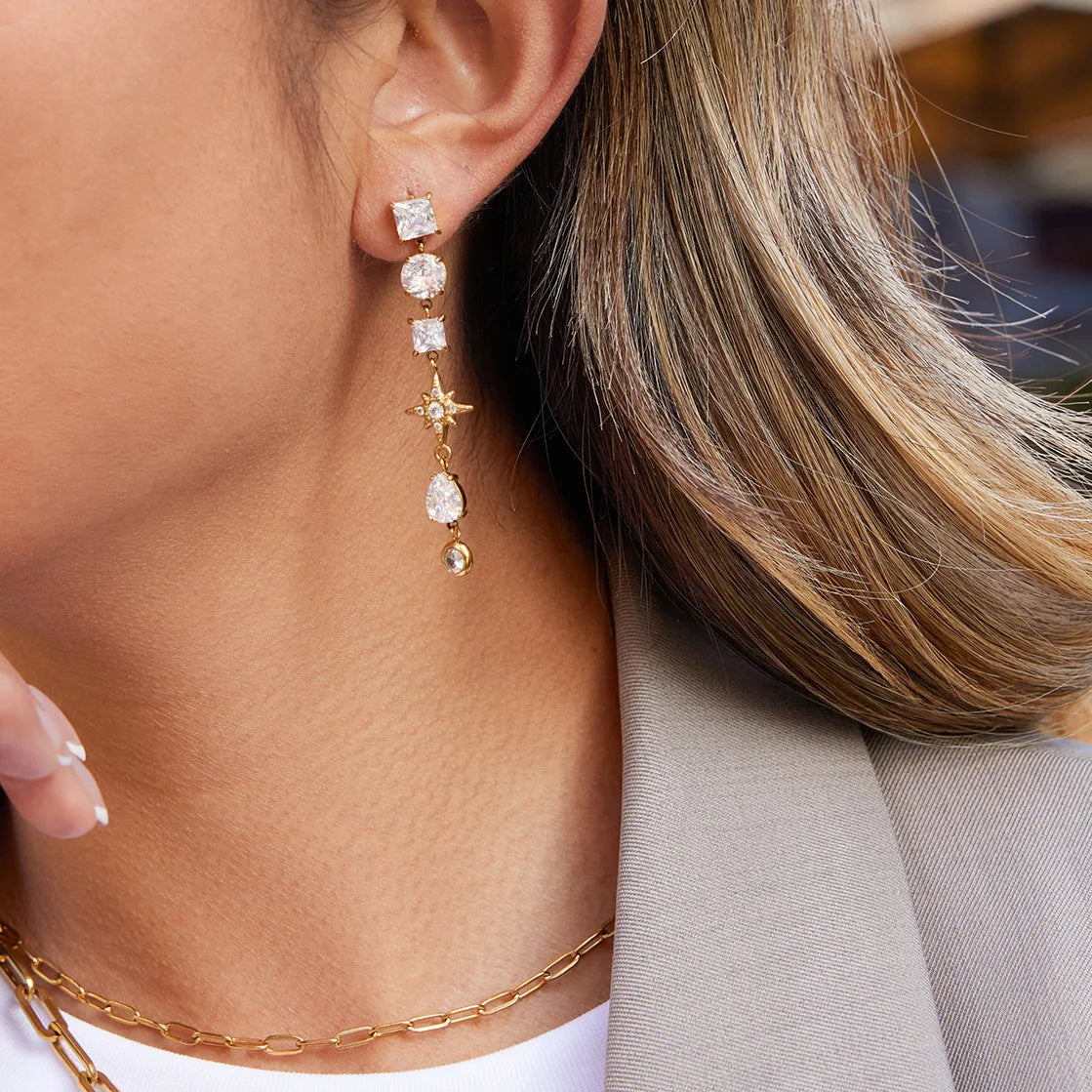 North Star Geometric Stone Zircon Tassel Tarnish Free Earrings 18K Gold Plated