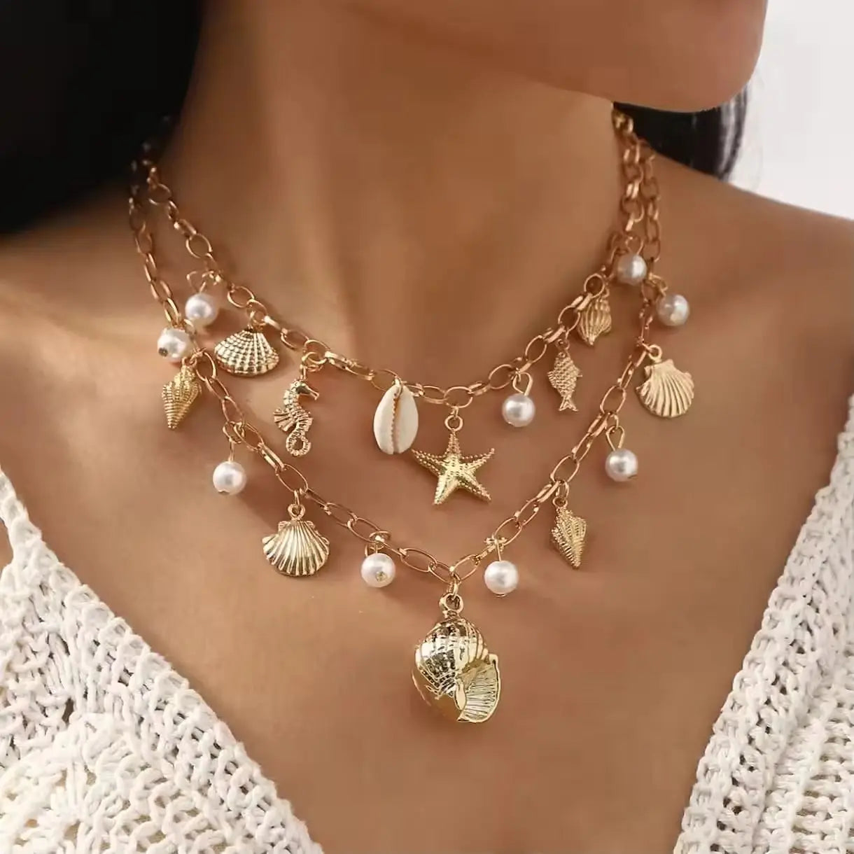 Layered Pearl Necklace with Gold Ocean Starfish Shell Tassel Beach Pendant for Women