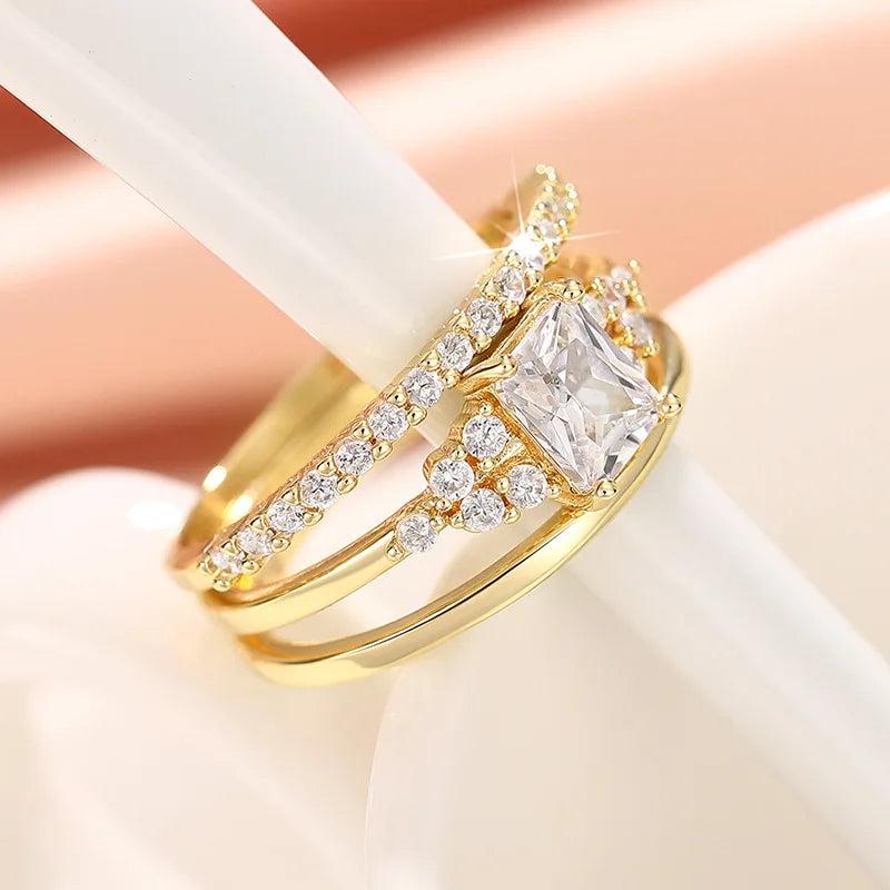 3Pcs Sets Couple Rings Luxury Gold Plated Square Design Shiny Cubic Zirconia
