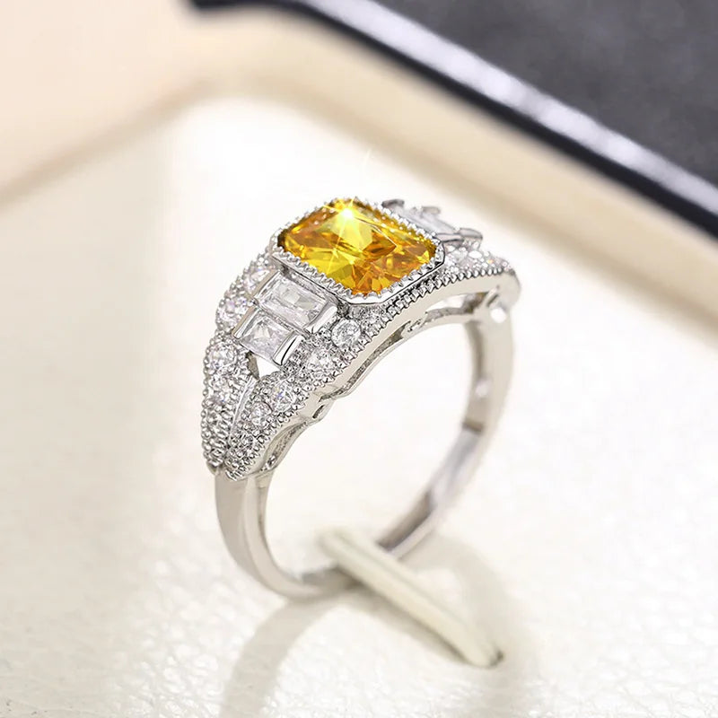 Silver Plated Dazzling Yellow Crystal Cubic Zirconia Engagement Wedding  Rings for Women
