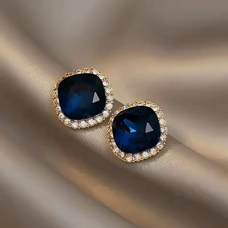 14K Gold Plated Blue Crystal Stud Earrings, Vintage Style