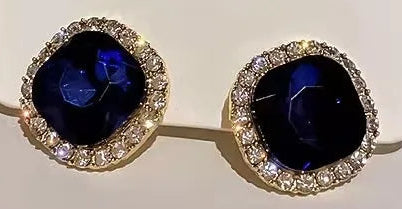 14K Gold Plated Blue Crystal Stud Earrings Vintage Style