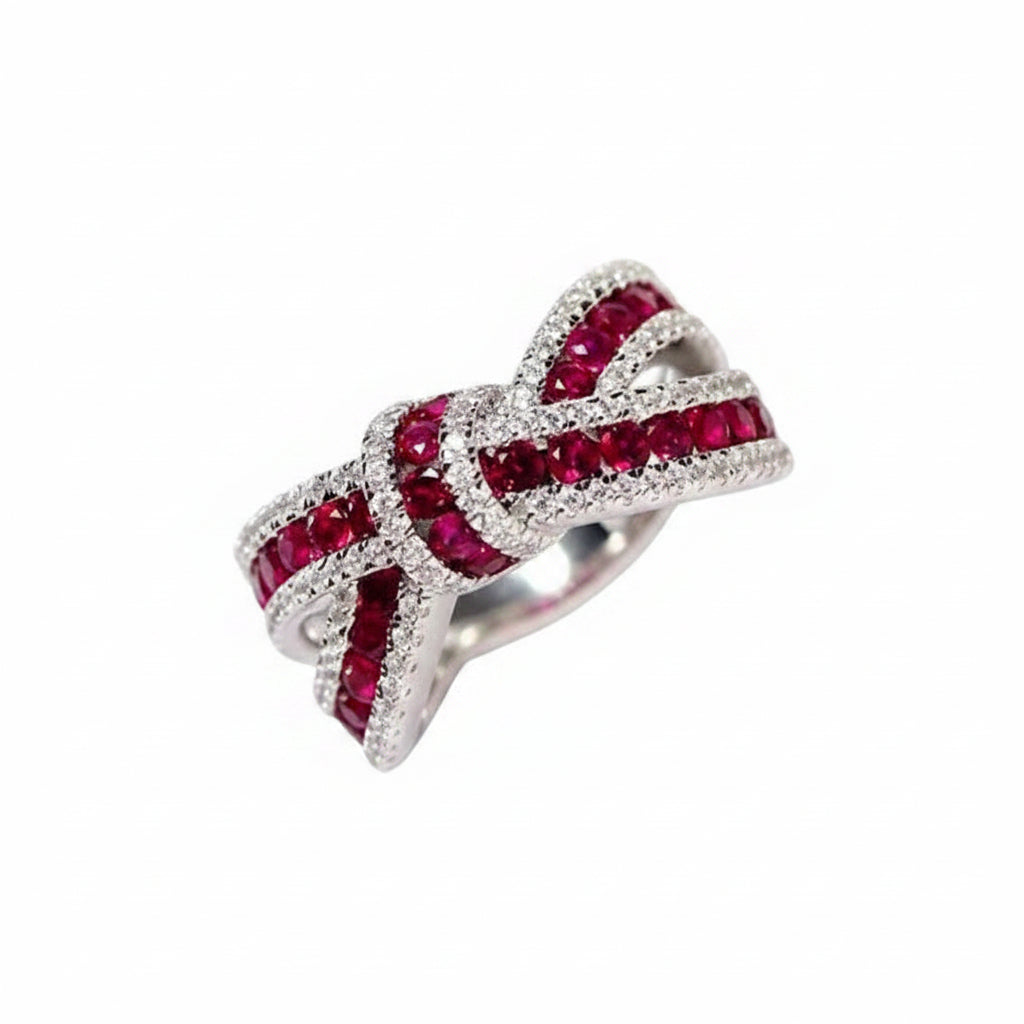 Silver Plated Bowknot Design Red Blue Zirconia Ring Women for Party