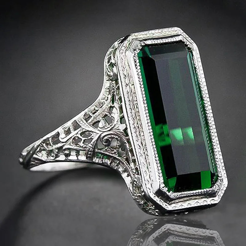 Rectangle Shaped Princess Cut Green Crystal Pattern Hollow Zircon Rings for Women