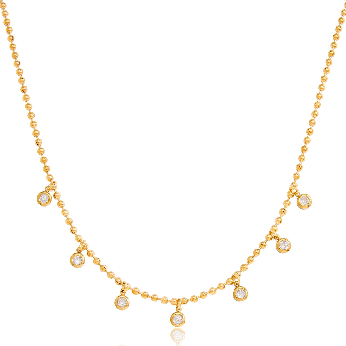 18K Gold Plated Trendy Classic Round White Zircon Pendant Bead Necklace