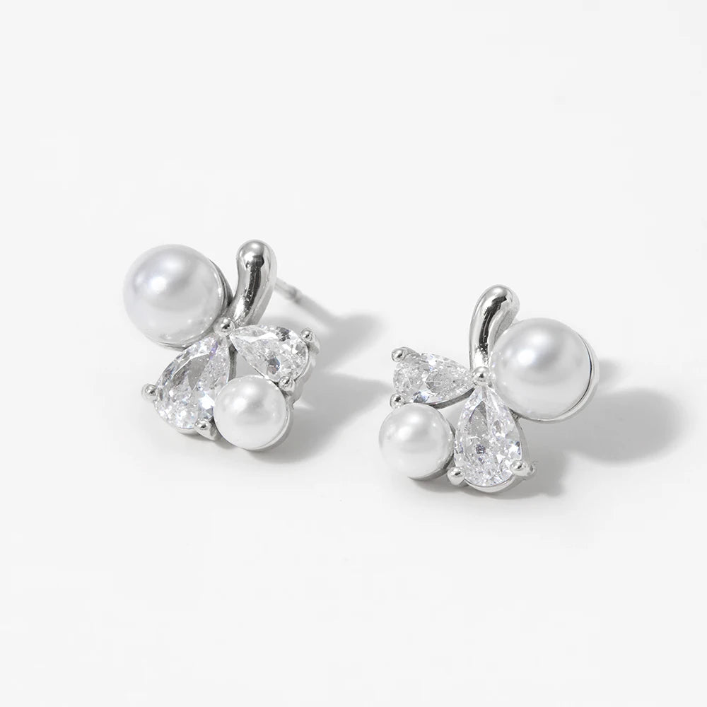 Gold and Silver Plated Pearl Zircon Minimalist Hypoallergenic Waterproof Stud Earrings
