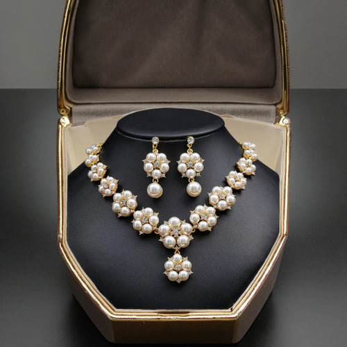 Load image 1 in gallery view. Vintage Style Gold-Plated Pearl Jewelry Set Necklace Earrings for Anniversary
