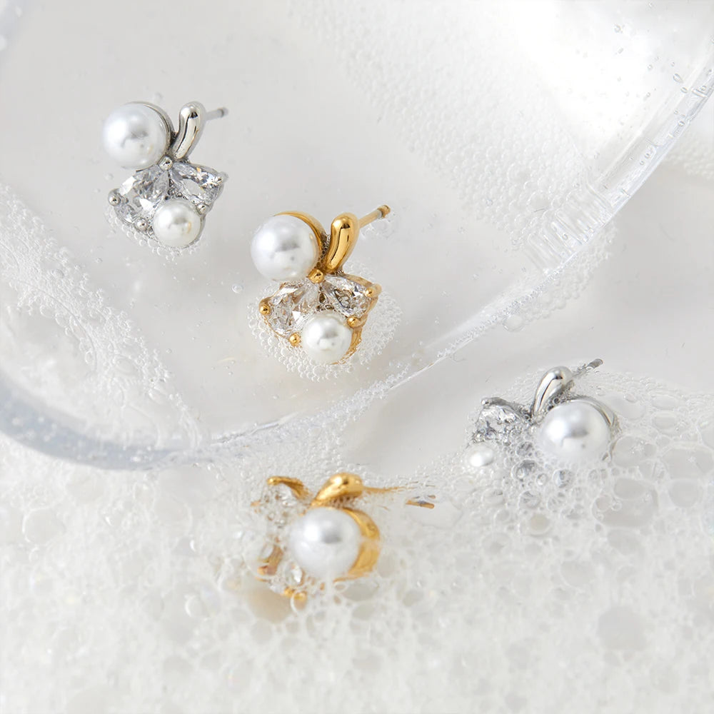 Gold and Silver Plated Pearl Zircon Minimalist Hypoallergenic Waterproof Stud Earrings