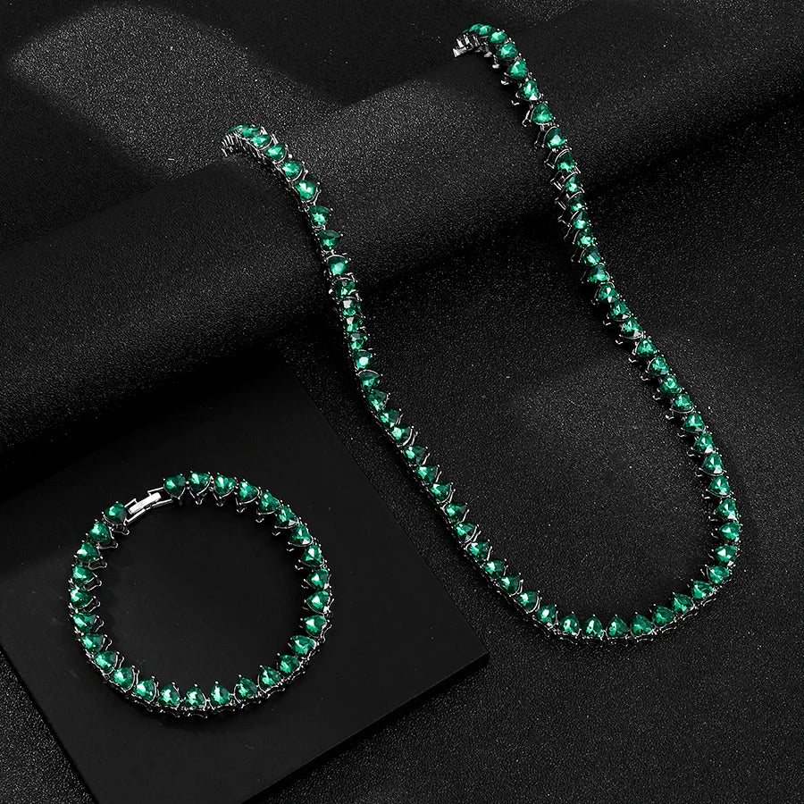 Personalized Silver Plated Green Heart Baguette Necklaces 2pcs Set for Women Girlfriend Wife Gifts