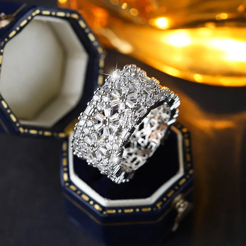 Platinum Plated Flower CZ Wide Band for Women