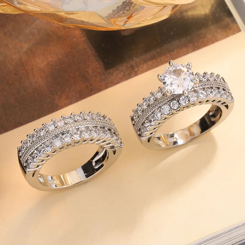 Platinum Plated Two-piece Ring with CZ for Wedding Gift