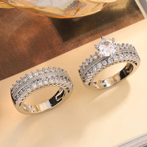 Load image 1 in gallery view. Platinum Plated Two-piece Ring with CZ for Wedding Gift