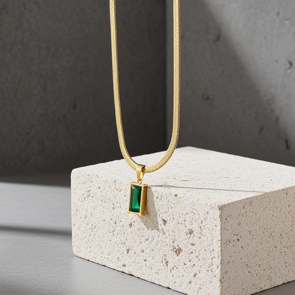 18k Gold Plated Women Necklace Green Lab Created Stone