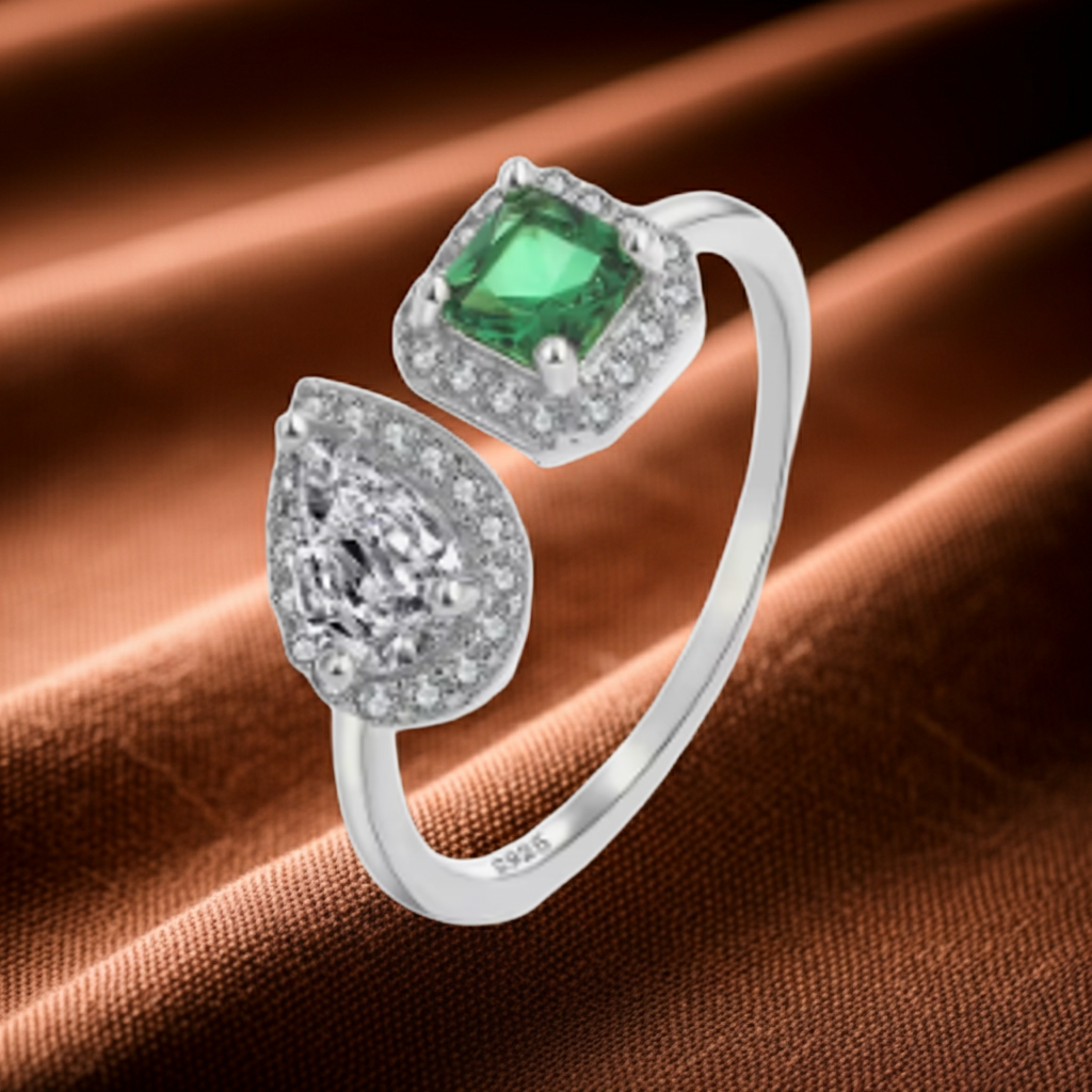 Genuine Sterling Silver Adjustable Ring Green Zircon Crystal New Creative Oval Cut