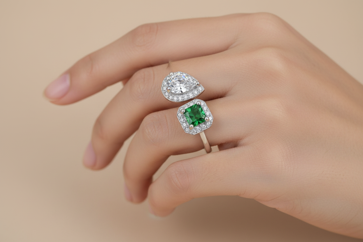 Genuine Sterling Silver Adjustable Ring Green Zircon Crystal New Creative Oval Cut