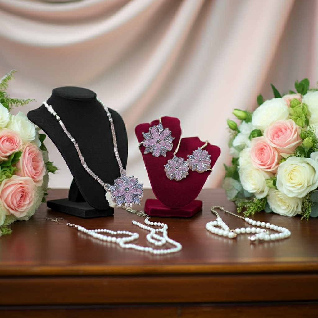 Pink Zircon Flower Shape Necklaces Set For Women Platinum Plated