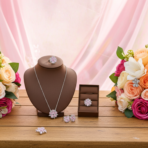 Load image 1 in gallery view. Pink Zircon Flower Shape Necklaces Set For Women Platinum Plated
