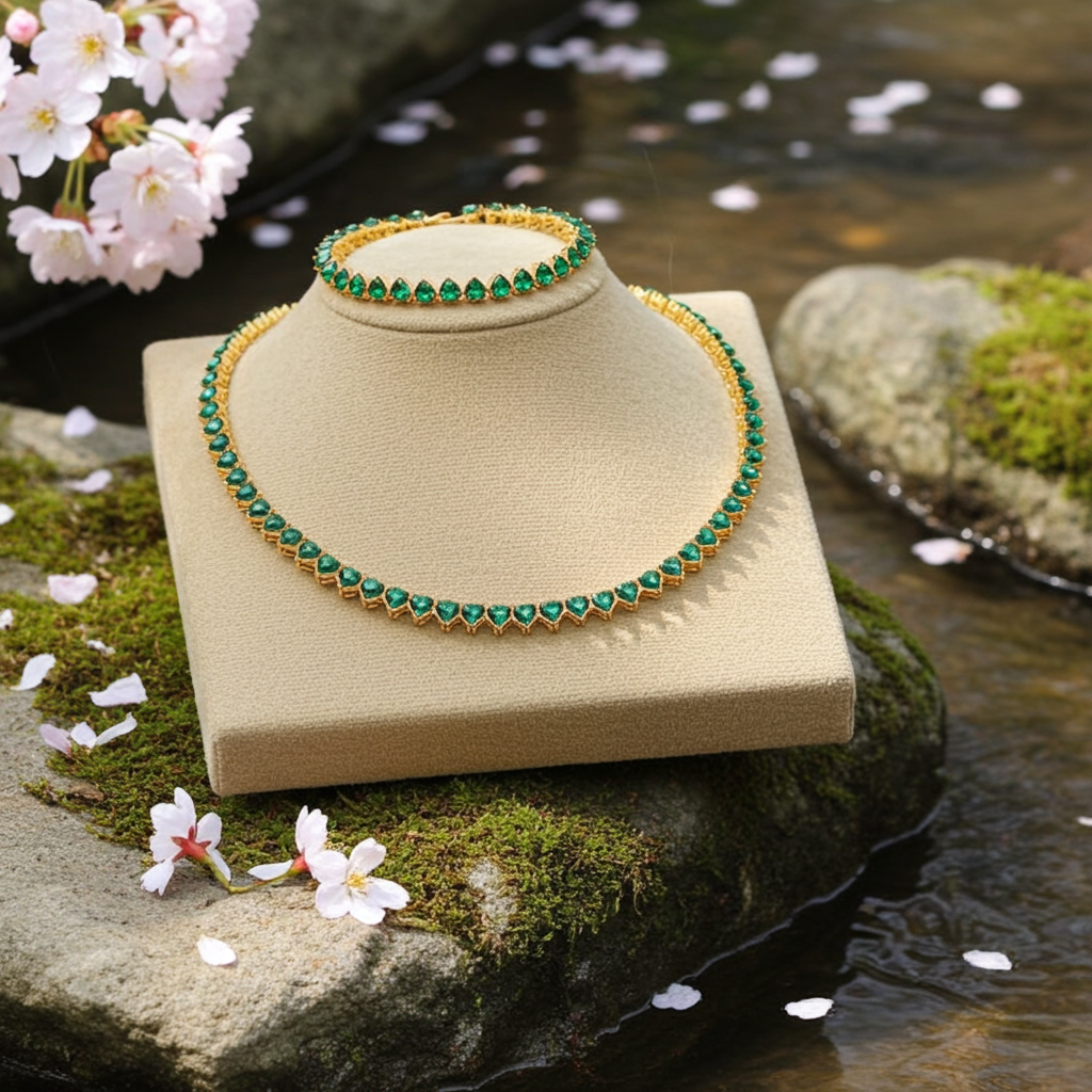 Personalized Gold Plated Green Heart Baguette Necklaces 2pcs Set for Women Girlfriend Wife Gifts