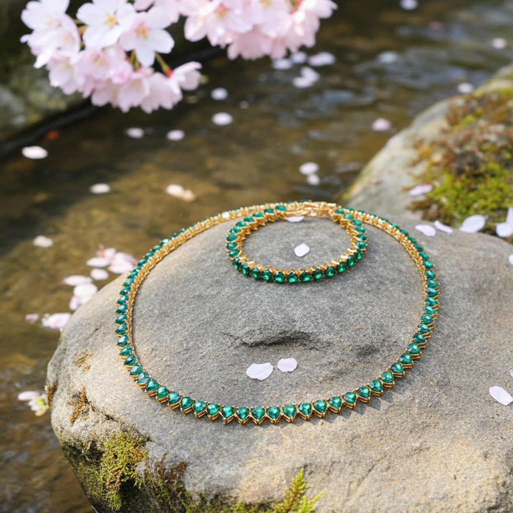 Personalized Gold Plated Green Heart Baguette Necklaces 2pcs Set for Women Girlfriend Wife Gifts