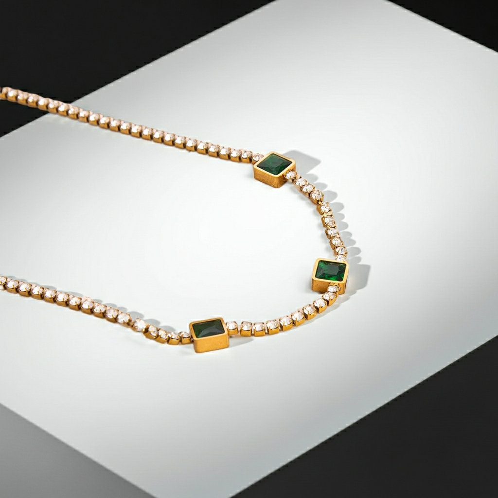 18K Gold Plated  Emerald Zircon Snake Chain Necklace for Women