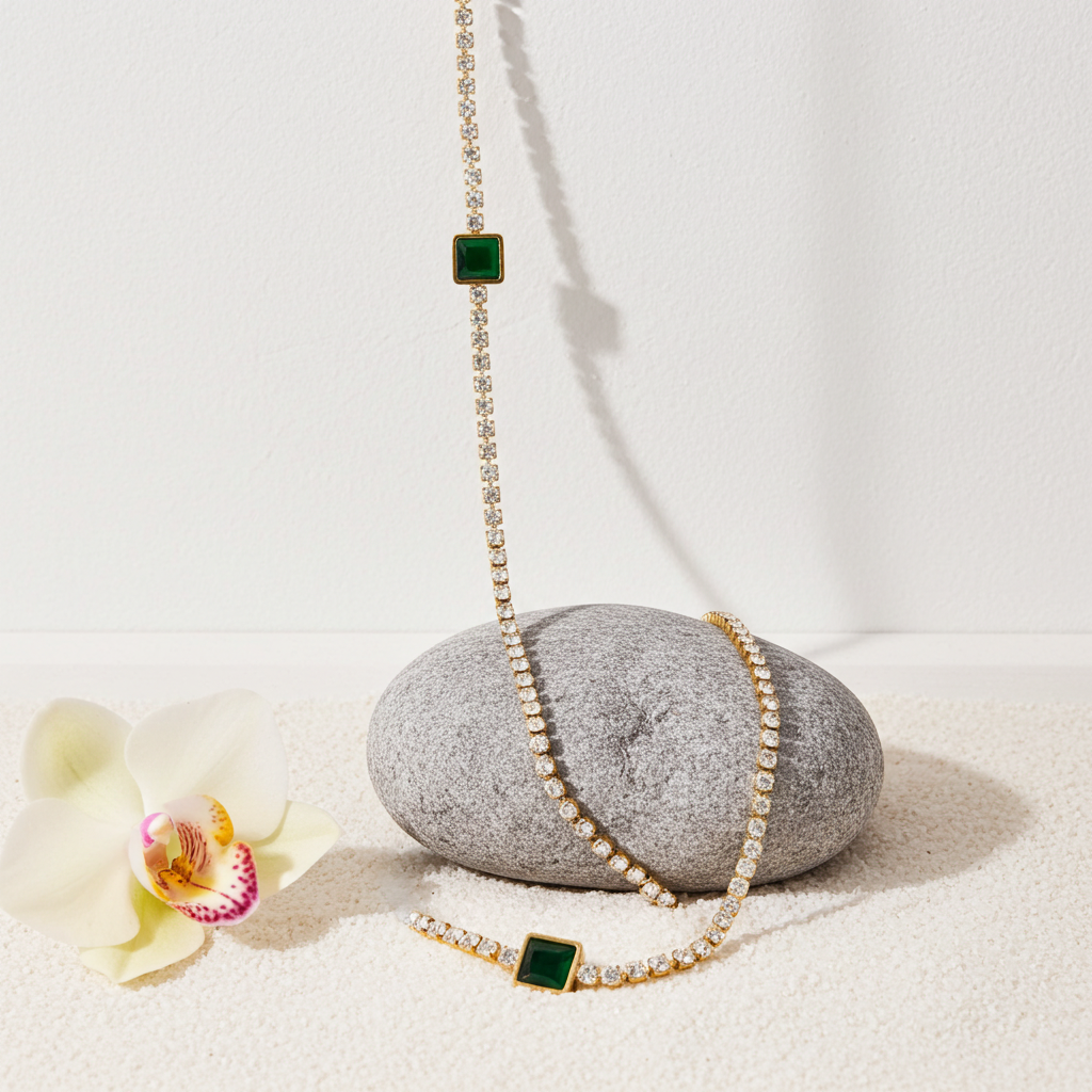 18K Gold Plated  Emerald Zircon Snake Chain Necklace for Women