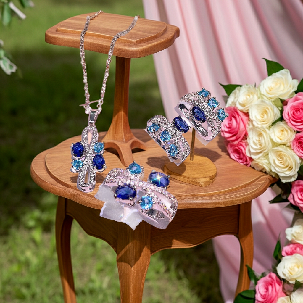 Graceful Geometric Blue Zircon Jewelry Set Platinum Plated Set Necklace, Earrings and Ring