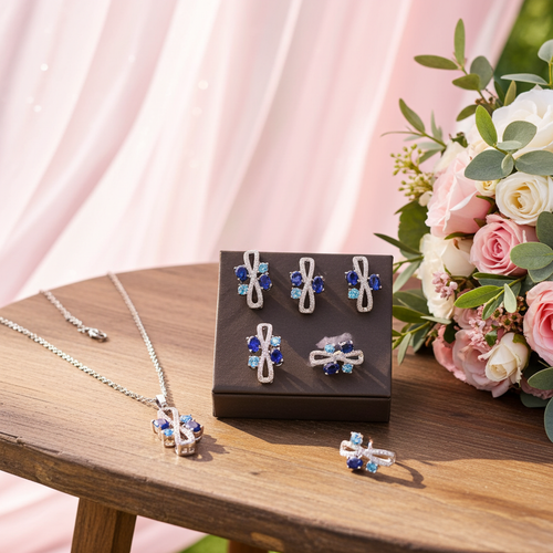 Load image 1 in gallery view. Graceful Geometric Blue Zircon Jewelry Set Platinum Plated Set Necklace, Earrings and Ring