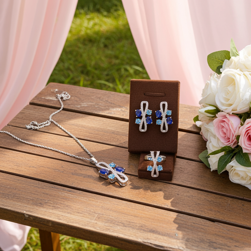 Graceful Geometric Blue Zircon Jewelry Set Platinum Plated Set Necklace, Earrings and Ring