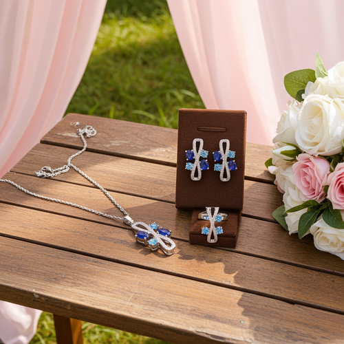 Load image 1 in gallery view. Graceful Geometric Blue Zircon Jewelry Set Platinum Plated Set Necklace, Earrings and Ring