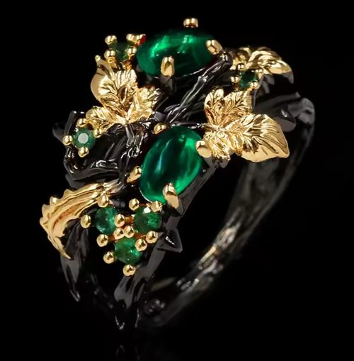Load image 1 in gallery view. Exquisite Leaf Flower Shape Black and Green Zircon Ring with Antique Gold Plating