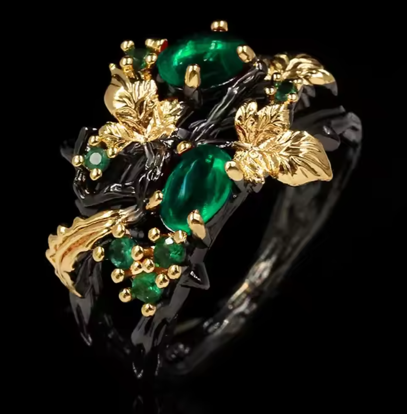 Exquisite Leaf Flower Shape Black and Green Zircon Ring with Antique Gold Plating