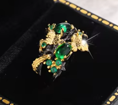 Load image 1 in gallery view. Exquisite Leaf Flower Shape Black and Green Zircon Ring with Antique Gold Plating
