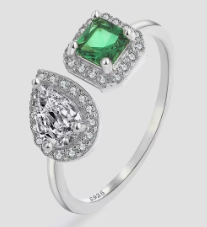 Genuine Sterling Silver Adjustable Ring Green Zircon Crystal New Creative Oval Cut