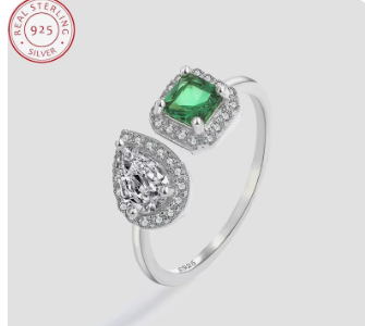 Genuine Sterling Silver Adjustable Ring Green Zircon Crystal New Creative Oval Cut