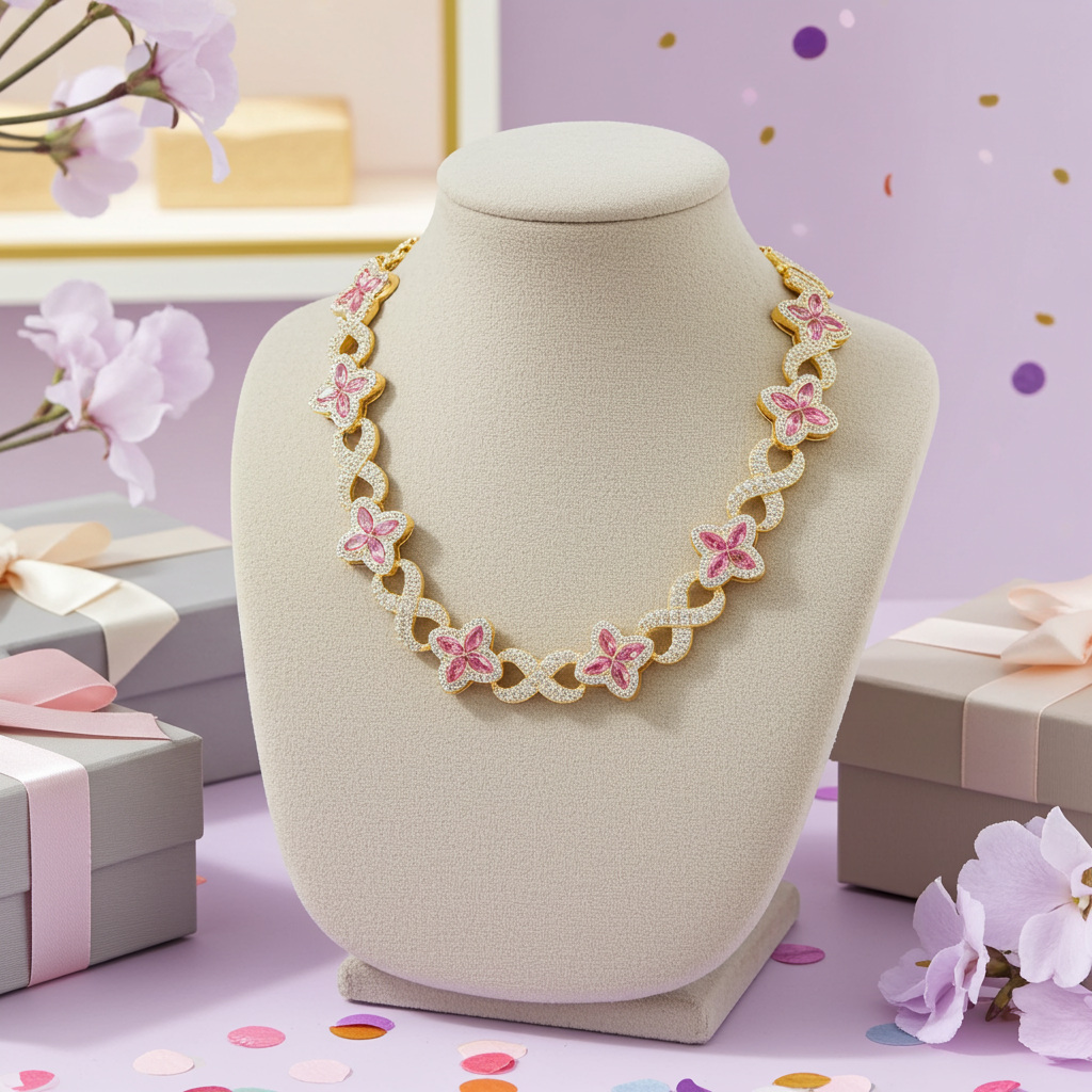 Elegant Gold Pink diamond Necklace with Four-leaf Clover 8-character Natural Stone