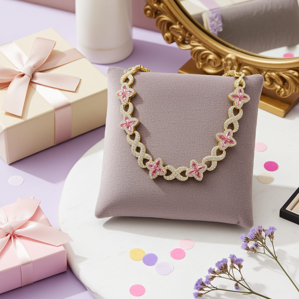 Elegant Gold Pink diamond Necklace with Four-leaf Clover 8-character Natural Stone