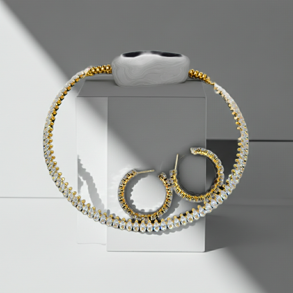 Customized Four-Piece Fine Jewelry Set Full Diamond Zircon Open Collar Style Gold Oval Zircon Earrings Bracelet Necklace